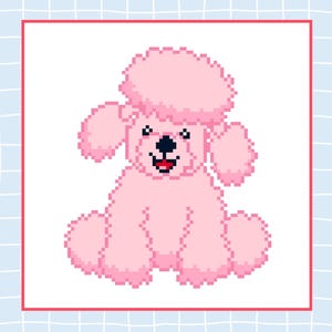 May include: A pixel art illustration of a pink poodle dog, sitting with its tongue visible. The dog has a fluffy head, ears, and body. The image is set against a white background with a red border, on a light blue grid pattern.