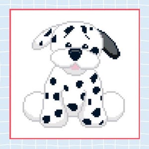 May include: A pixelated illustration of a Dalmatian dog. The dog is white with black spots, a black nose, and a pink tongue. The dog is sitting with its front paws forward and its ears perked up. The image is set against a white background.