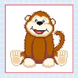 May include: A pixelated illustration of a brown monkey with a tan face, hands, and feet. The monkey is sitting with its legs spread and its tail curled. It has a smiling expression with a red mouth and black eyes. The image is set against a white background.