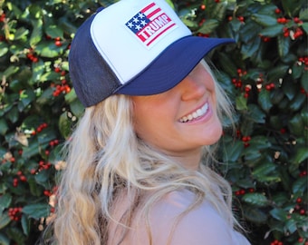Trump Trucker Hat | Custom Trump Patch | Republican Trucker Hat | American Flag Hat | Trump American Flag | Navy Trucker Hat