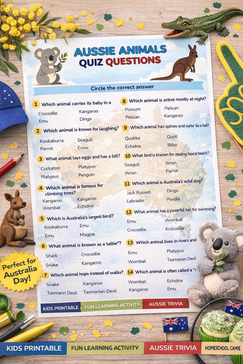 Australian Animals Quiz Printable | Australia Day Game for Kids ...