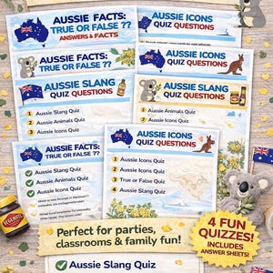 May include: A collection of printable Australia Day games, including quizzes on Aussie facts, slang, and icons. The pack features koala and kangaroo illustrations, Australian flags, and the text "4 FUN QUIZZES!" with answer sheets.