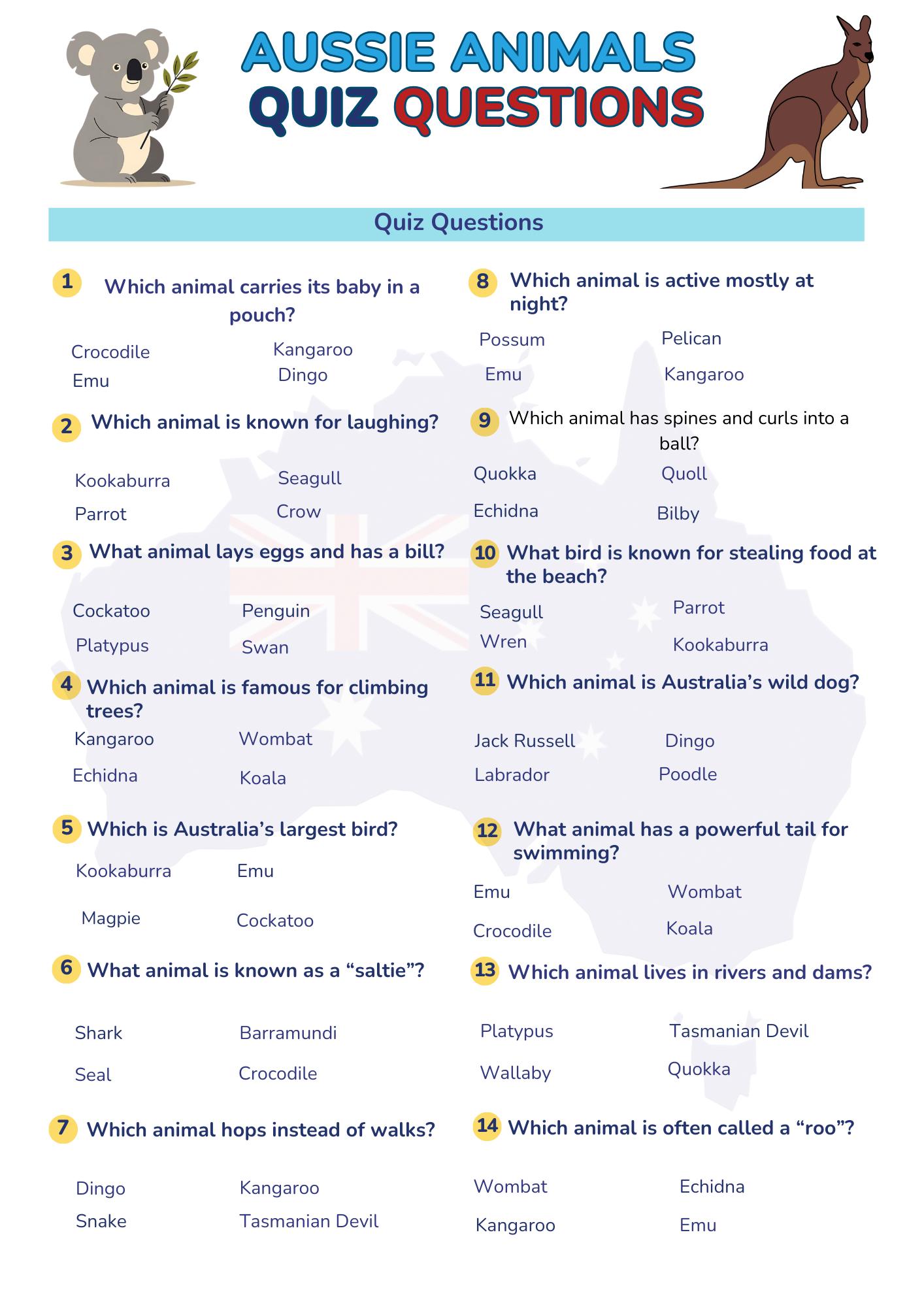 Australian Animals Quiz Printable | Australia Day Game for Kids | Aussie Wildlife Trivia ...