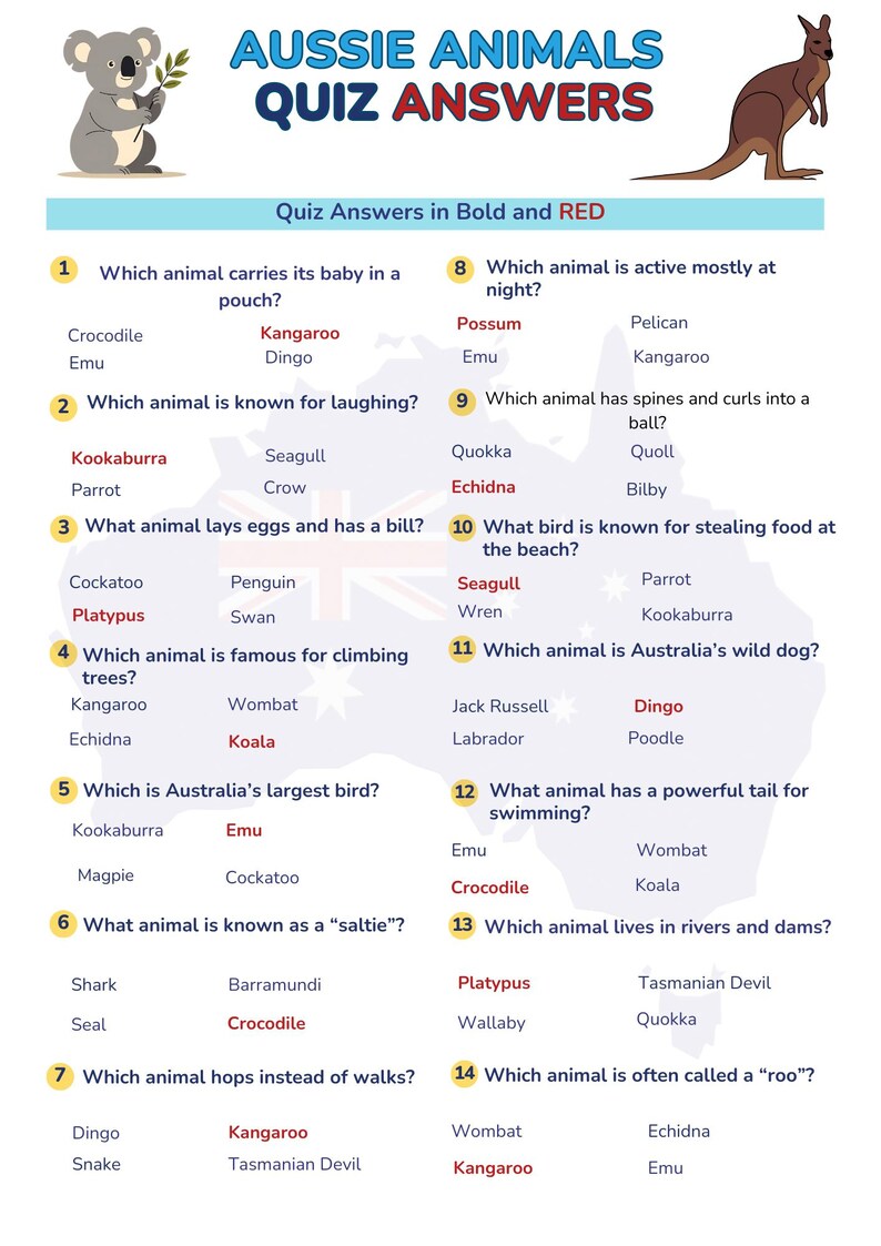 Australian Animals Quiz Printable | Australia Day Game for Kids ...