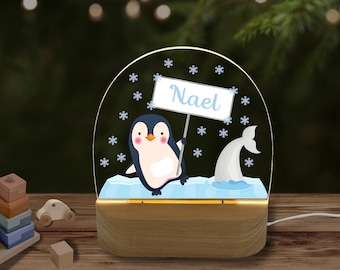 Acrylic night lamp, baby gift birth, christening gift, children's room, birthday gift, bedside lamp, Pengiun Arctic motif