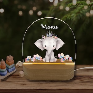 Acrylic night lamp, baby gift birth, christening gift, children&#39;s room, personalized bedside lamp, elephant girl, night light, rainbow