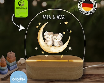 Night light twins owl girl, baby gifts, children's night light, crescent moon lamp, baby gift twins, christening, birth, rainbow