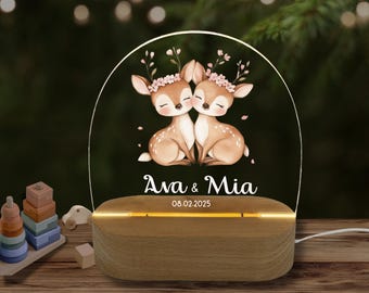 Personalized night light, rainbow, nursery lighting, gift for birth, christening, nursery decor, twins, deer, girl