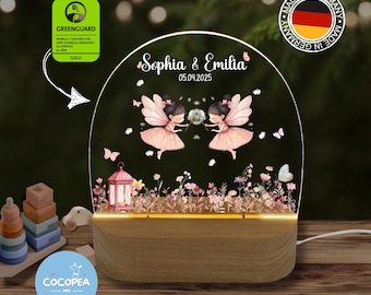 Twins' night lamp made of acrylic, baby gift for birth, christening gift, children's room, bedside lamp, fairy world, girls' night light, sisters
