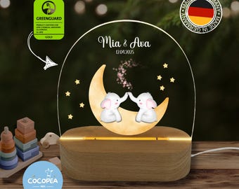 Night light twin elephants, baby gifts, night light for girls, night light for christening, birth, Easter