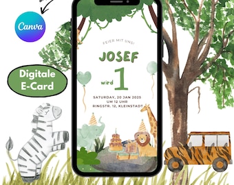 Digital invitation for children's birthday | Personalizable e-card Whatsapp invitation for boys | Animated invitation cards | Safari birthday