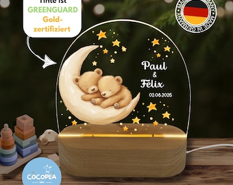 Twin Teddy Bear Night Light, Baby Gifts, Children's Night Light, Crescent Moon Lamp, Night Light for Boys, Christening Night Light, Birth Night Light, Acrylic Lamp