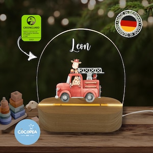Acrylic night lamp, baby gift birth, christening gift, children&#39;s room, bedside lamp, fire engine night light