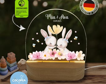 Night Light Twins Rabbits Baby Gift – Soft Light for Girls Baptism, Birth & Easter Decoration, Twin Baby Gift