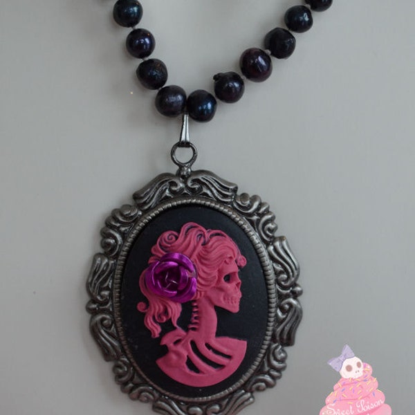Skeleton Bride Victorian Cameo Necklace with Real Pearls