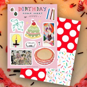 Birthday Scrap Sheet - retro birthday junk journal kit, happy birthday printables, ephemera pack for kids party birthday cards scrapbook