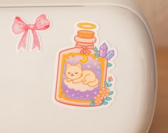 Kawaii cat Vinyl Sticker, dreamy fairycore bottle journal sticker, cute laptop decal gift for sticker lovers, Pinterest style, Vinyl Sticker