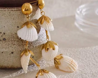 Gold Seashell Dangle Earrings | White Coastal Statement Beach Jewelry