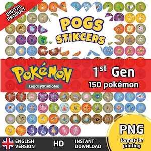 May include: A digital product featuring Pokémon Pogs stickers. The design includes the text "POGS STIKCERS" and "Pokémon 1st Gen 150 pokémon". The stickers are round with various Pokémon characters and the text "PNG format for printing".