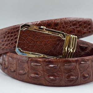 Puede incluir: Un cinturón de cuero marrón con un patrón de cocodrilo texturizado. La hebilla dorada es rectangular con un acento plateado. El cinturón está curvado, mostrando su flexibilidad y diseño, ideal para pantalones.