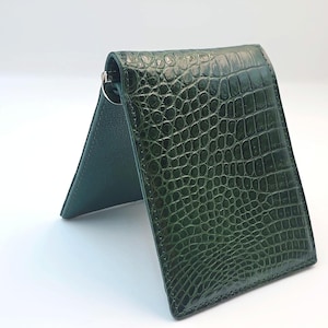 Portefeuille en cuir d'alligator vert pour homme - Exotique à deux volets fait main, portefeuille mince de luxe avec poche pour pièces de monnaie - Cadeau unique pour lui - DL-16W