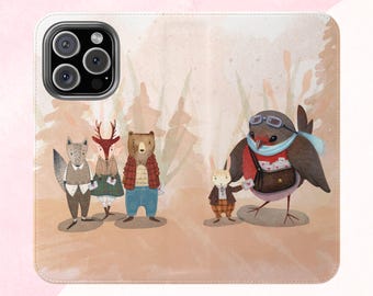 Woodland Creatures Wallet Phone Case, Faux Leather Flip Cover