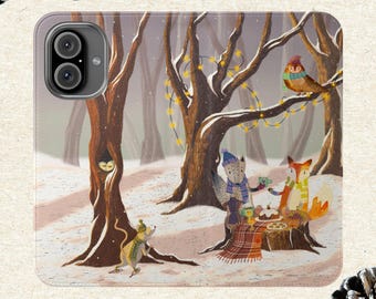Winter Forest Tea Party Vegan Leather Phone Wallet Case