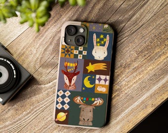 Patchwork Holiday iPhone Case, Forest Animals, Festive Lights