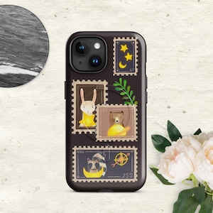 Nachthimmeltiere auf Postkarte MagSafe iPhone Tough Case, Kaninchen-Bär-Waschbär-Thema, reizendes Geschenk für Liebhaber Familie und Kinder, iPhone 14 15 16