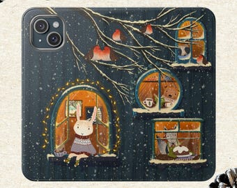 Winter Cottage Animals Vegan Leather Phone Case