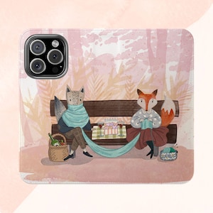 Vegan Friendly Animal Flip Case for iPhone Samsung, Cruelty-Free Cover, Fox and Wolf Design