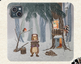 Winter Forest Friends Vegan Leather Phone Wallet Case