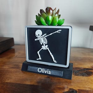 May include: A black and silver square planter with a white skeleton graphic doing the dab pose. The planter holds a green and brown succulent. The base of the planter has the name "Olivia" in white text.