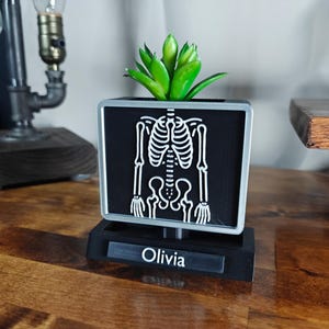 Puede incluir: Un macetero con imagen de rayos X de esqueleto en blanco y negro con una pequeña planta suculenta verde en su interior. El macetero tiene una base negra con el nombre "Olivia" escrito en él.