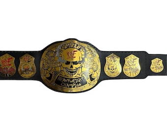Réplique de ceinture de championnat Attitude Era Skull – plaques en laiton de 2 mm, bracelet en cuir véritable, taille adulte