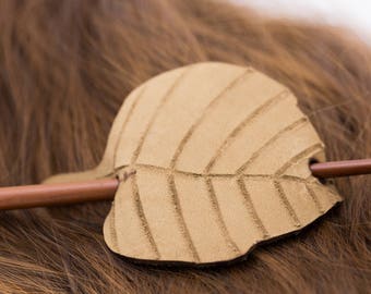 Tan Beige Brown Thick Carved Leather Leaf Shaped Hair Stick Barrette | Hair Pin | Shawl Scarf Pin | Fascinator | Naturalist Hair Piece