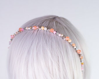 Orange Pink Silver beaded headband | Perfect accessory for long or short hair | Unique jewelry | Bridal | Flower Girl Bridesmaids Wedding
