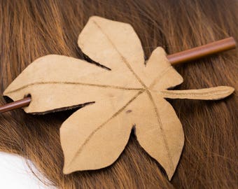 Tan Beige Brown Thick Carved Leather Leaf Shaped Hair Stick Barrette | Hair Pin | Shawl Scarf Pin | Fascinator | Naturalist Hair Piece