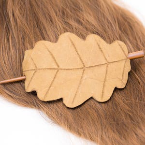 Tan Beige Brown Thick Carved Leather Leaf Shaped Hair Stick Barrette | Hair Pin | Shawl Scarf Pin | Fascinator | Naturalist Hair Piece