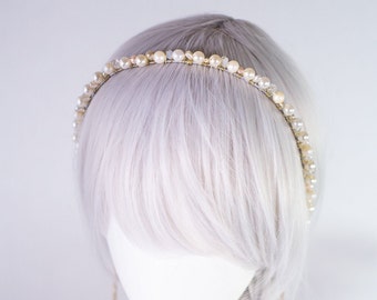 Ivory Pearl beaded gold toned long dangle headband | Perfect accessory for long or short hair | Alternative Earrings | Unique jewelry