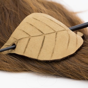Tan Beige Brown Thick Carved Leather Leaf Shaped Hair Stick Barrette | Hair Pin | Shawl Scarf Pin | Fascinator | Naturalist Hair Piece