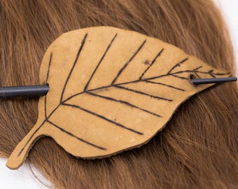 Tan Beige Brown Thick Burned Leather Leaf Shaped Hair Stick Barrette | Hair Pin | Shawl Scarf Pin | Fascinator | Naturalist Hair Piece