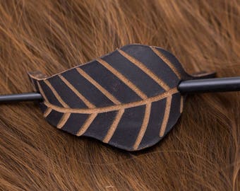 Jet Black Thick Carved Leather Leaf Shaped Hair Stick Barrette | Hair Pin | Shawl Scarf Pin | Fascinator | Naturalist Hair Piece