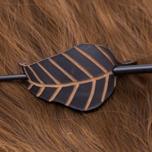 Jet Black Thick Carved Leather Leaf Shaped Hair Stick Barrette | Hair Pin | Shawl Scarf Pin | Fascinator | Naturalist Hair Piece
