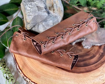 SMALL Faux Suede brown pleather Cuffs brown laces brass grommets (PAIR) armor dnd dungeons and dragons larping renaissance