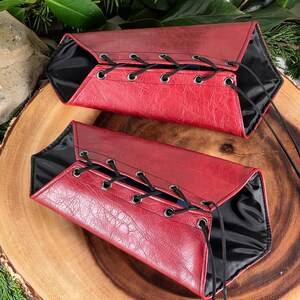 Faux Leather Bracers EXTRA LARGE mauve red vinyl pleather Short Pointy brass grommets black laces Cuffs Gauntlets Cosplay Costume (PAIR)