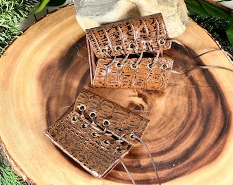 Faux Leather Cuffs MEDIUM reptile pleather Bracers brown laces brass Gauntlets Cosplay Costume (PAIR) burning man larp dnd fantasy fighter