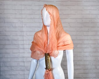 77 by 37 inch long soft orange scarf with gold lace up holder ring slide buckle pin clip | fashion | avant garde | cotton blend unusual gift