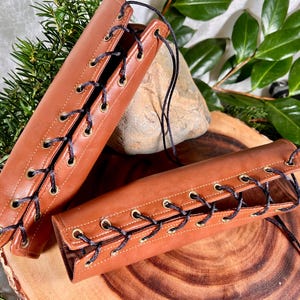 Faux Leather Cuffs SMALL brown pleather rounded Bracers brass grommets black laces (PAIR) elven armor burning man renaissance costume