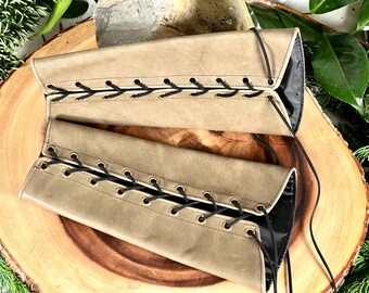 Leather Gauntlets MEDIUM sage green Rounded Long Bracers black laces Cuffs Cosplay Costume (PAIR) dungeons and dragons dnd ranger armor